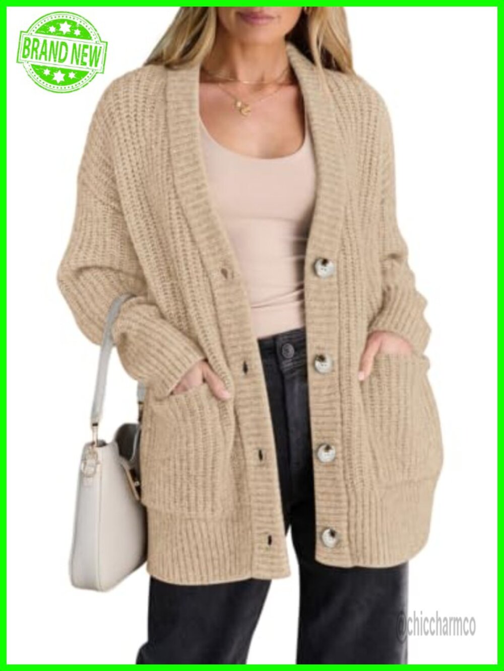 Oversized Button Up Cardigan Chunky Knit Side Pockets